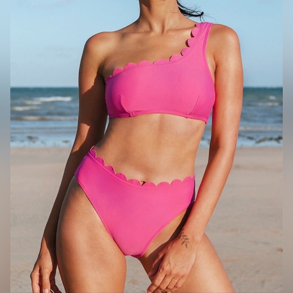 Cupshe Swim Cupshe Nwt Scalloped One Shoulder High Waist Bikini Set